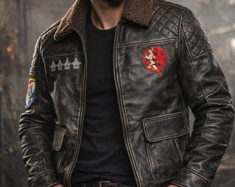 Pacific Rim Gipsy Danger Leather Jacket | Distressed Black Pilot Jacket with Shearling Collar