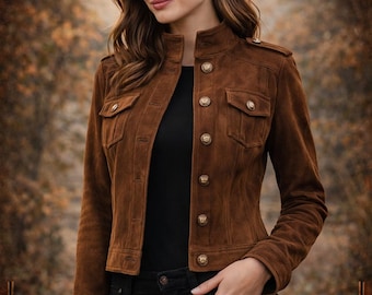 Braune Wildlederjacke für Damen - Vintage Western Style Mantel - Handgefertigte Lederjacke - Klassisches Casual Outfit mit Knopfleiste