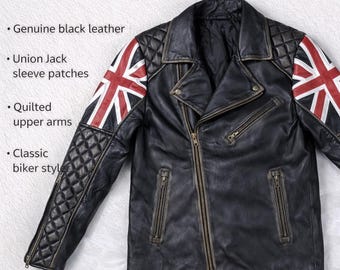 Black Leather Biker Jacket with British Flag Sleeves | Quilted Motorcycle | Union Style Rider Coat | Men Vintage Moto