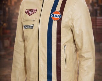Le Mans Inspired Racing Leather Jacket | Retro Motorsport Biker Coat for Men