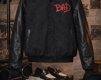 80s Inspired Black Varsity Jacket | Concert Style Bomber with Leather Sleeves | MJ  Bad Tour moon