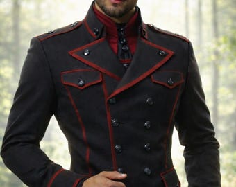 Men Military Jacket | Steampunk Coat | Black Red Trim Double Breasted
