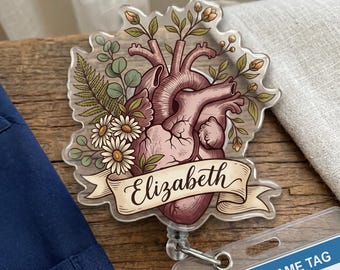 Custom Anatomical Heart Floral Badge Reel, Vintage Botanical Name ID Clip, Soft Colored Nurse Gift, Cardiology Staff Retractable Badge