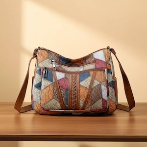 Vintage Patchwork Crossbody Bag for Women, Multi-Pocket Shoulder Bag, Retro Everyday Handbag