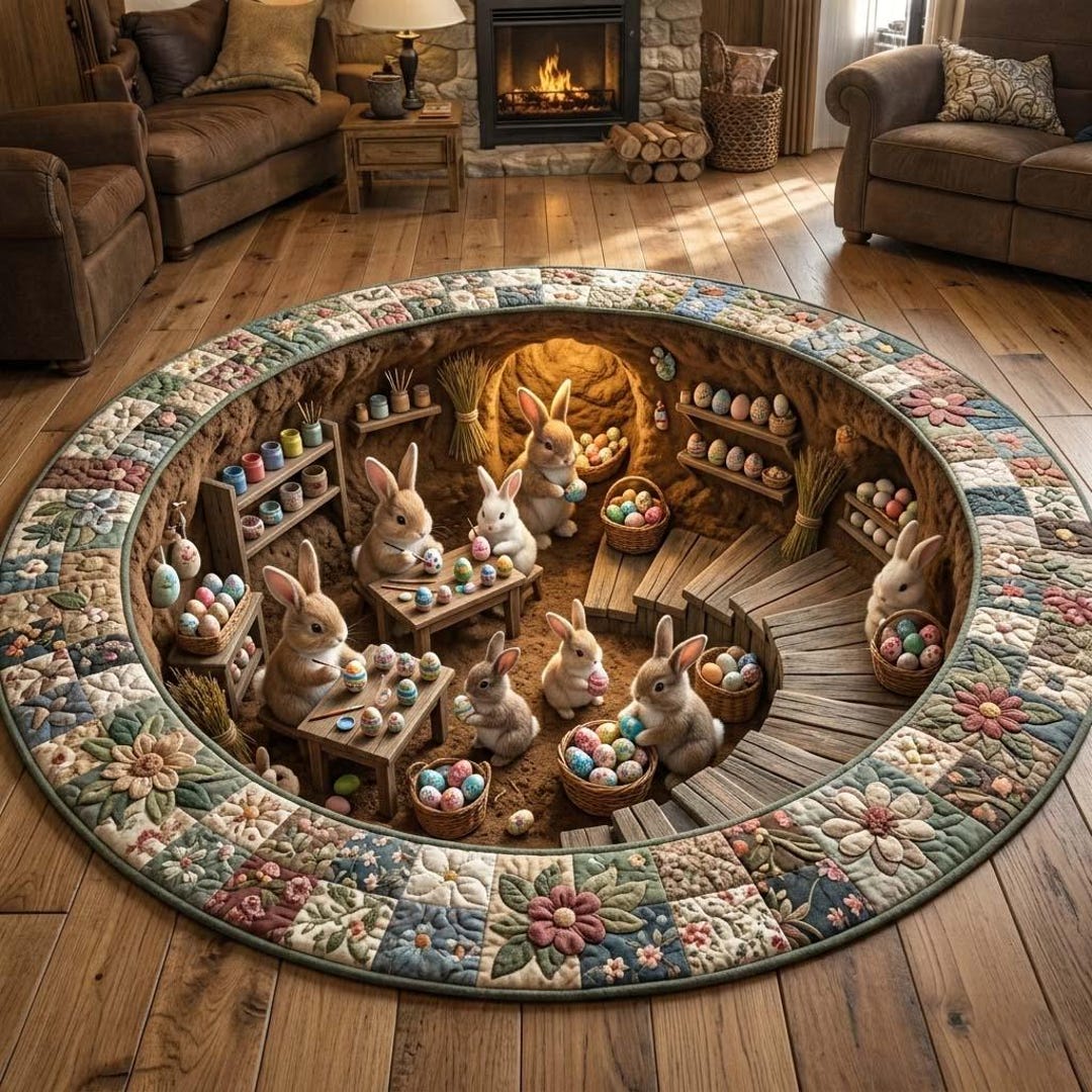 Easter Rabbit Round Easter Bunny Round Rug, 3D Rabbit Burrow Carpet, Cute Bunny Egg ...