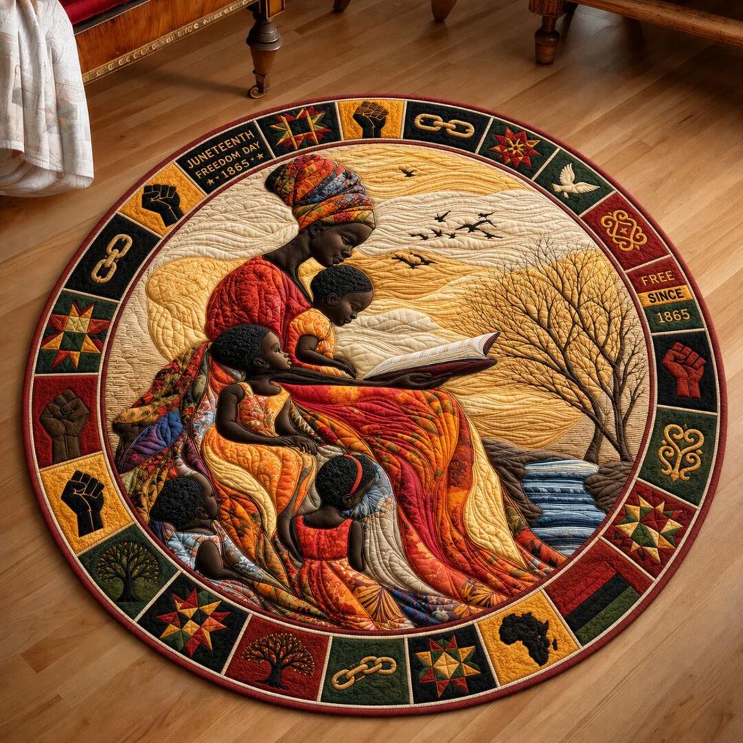 Juneteenth Round Rug, Black Family Reading Floor Mat, African American ...