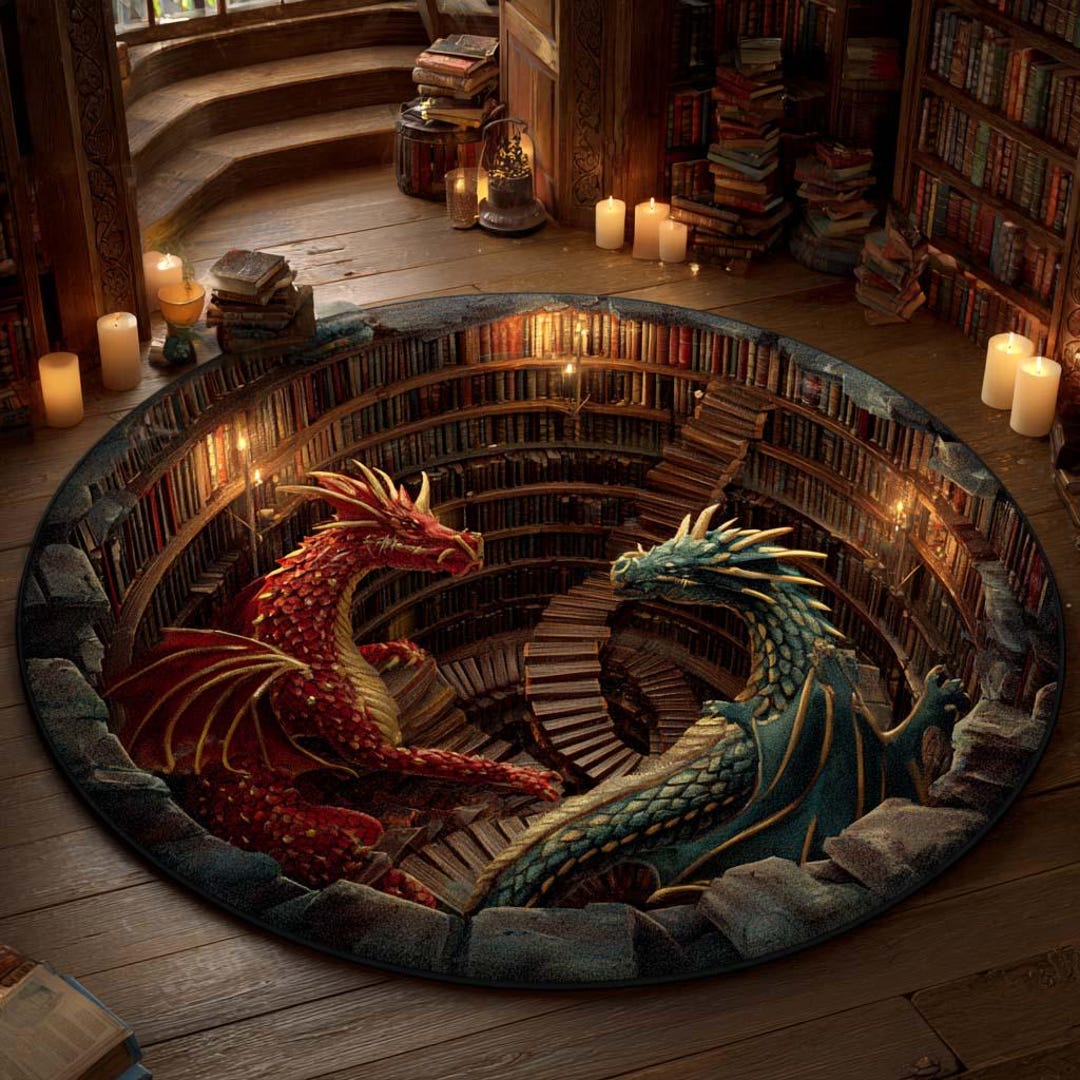3D Dragon Library Round Rug, Fantasy Book Staircase Carpet, Fire Ice ...