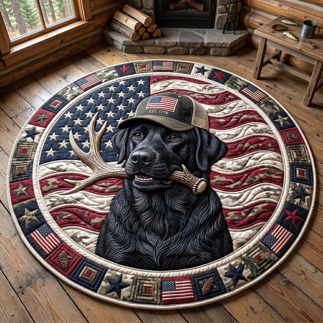 Black Labrador Hunting Rug, American Flag Dog Round Rug, Patriotic ...
