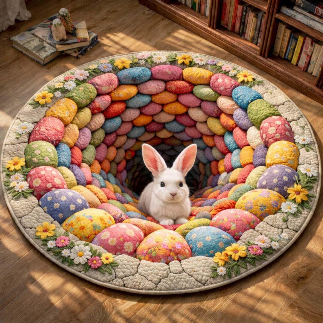 Easter Rabbit Round Easter Bunny Round Rug, 3D Egg Tunnel Floor Mat, Cute Rabbit Illusion ...