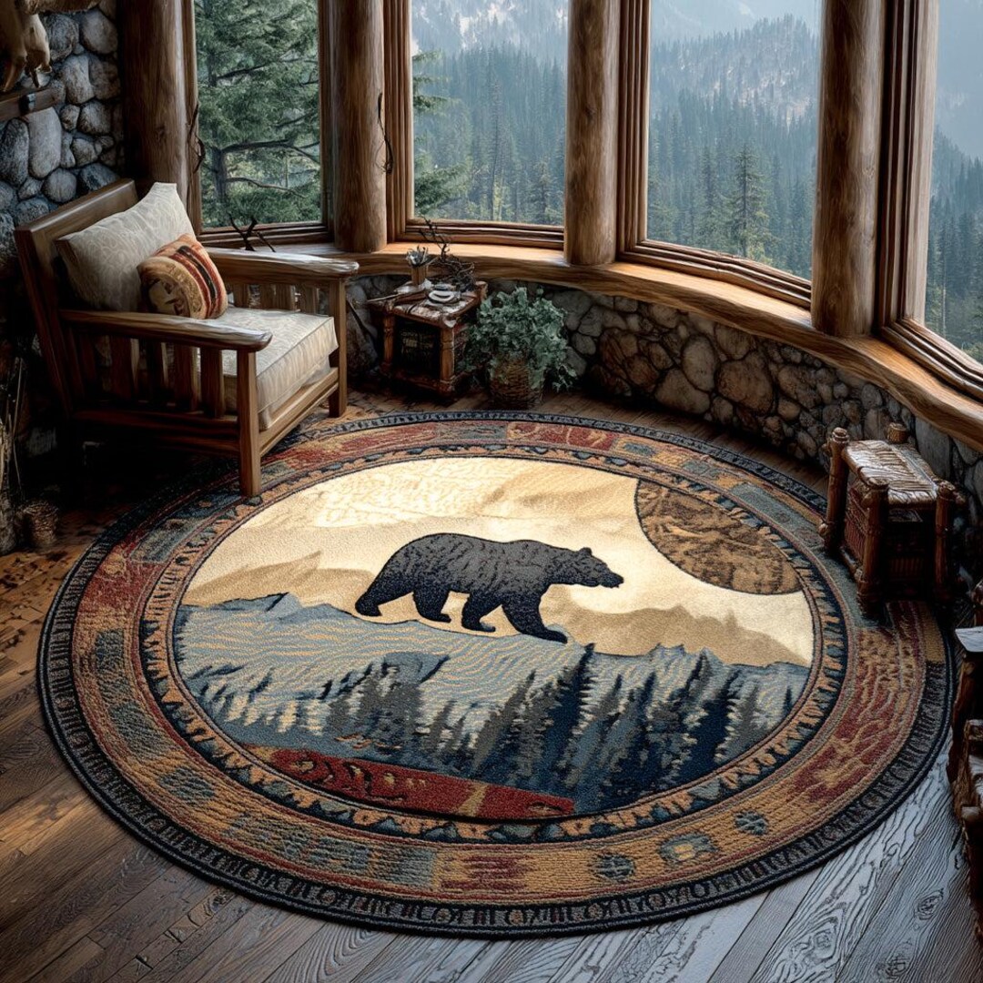 Bear Mountain Wilderness Round Rug, Rustic Cabin Forest Print Area Mat ...