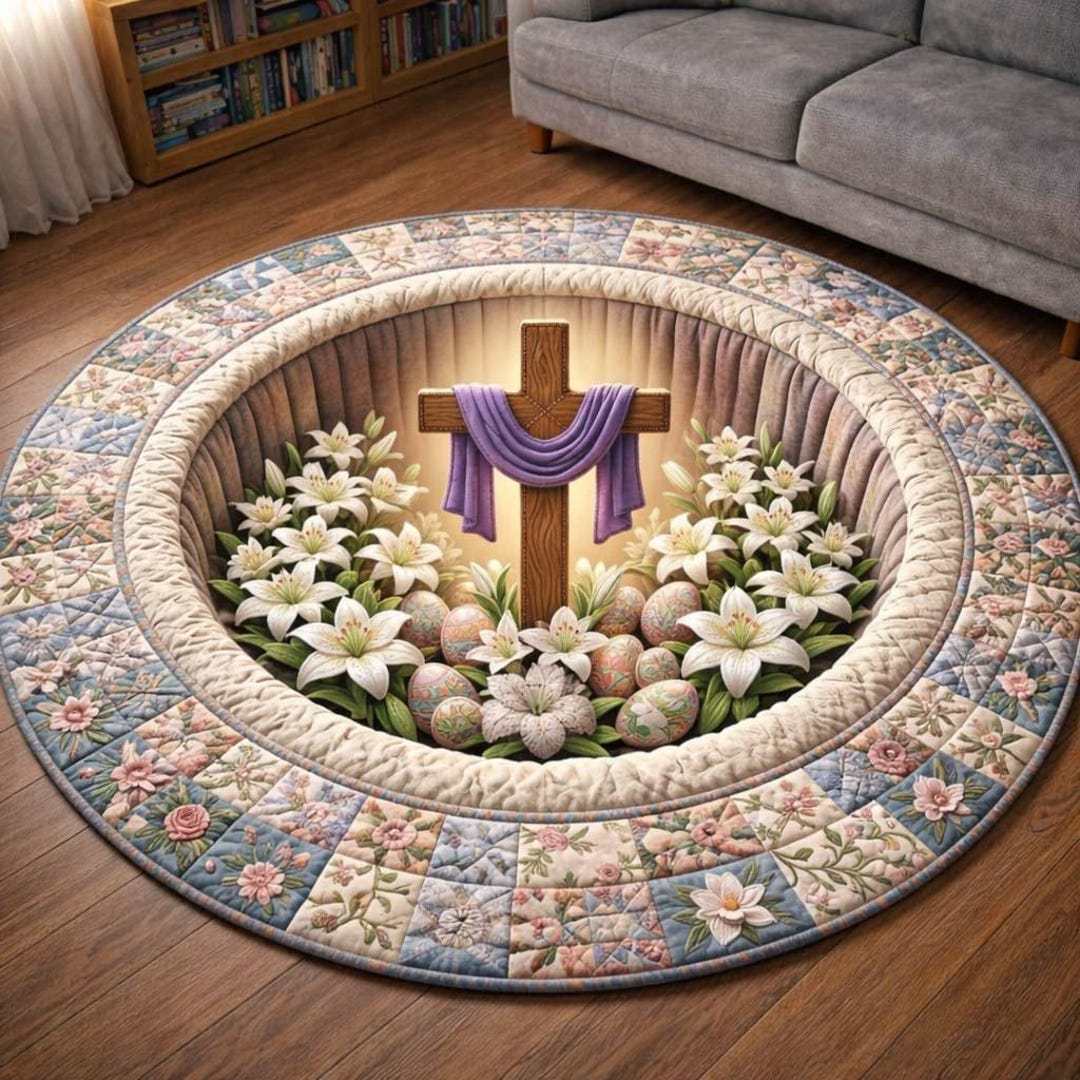 Christian Easter Cross Round Rug, 3D Illusion Floral Carpet, Religious ...