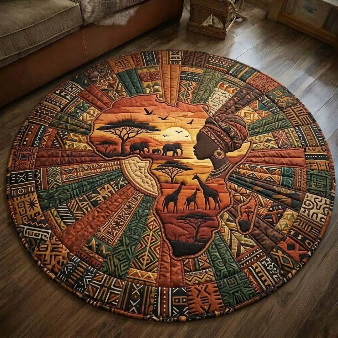 African Map Round Rug, Tribal Sunset Floor Mat, Safari Animal Art Rug ...