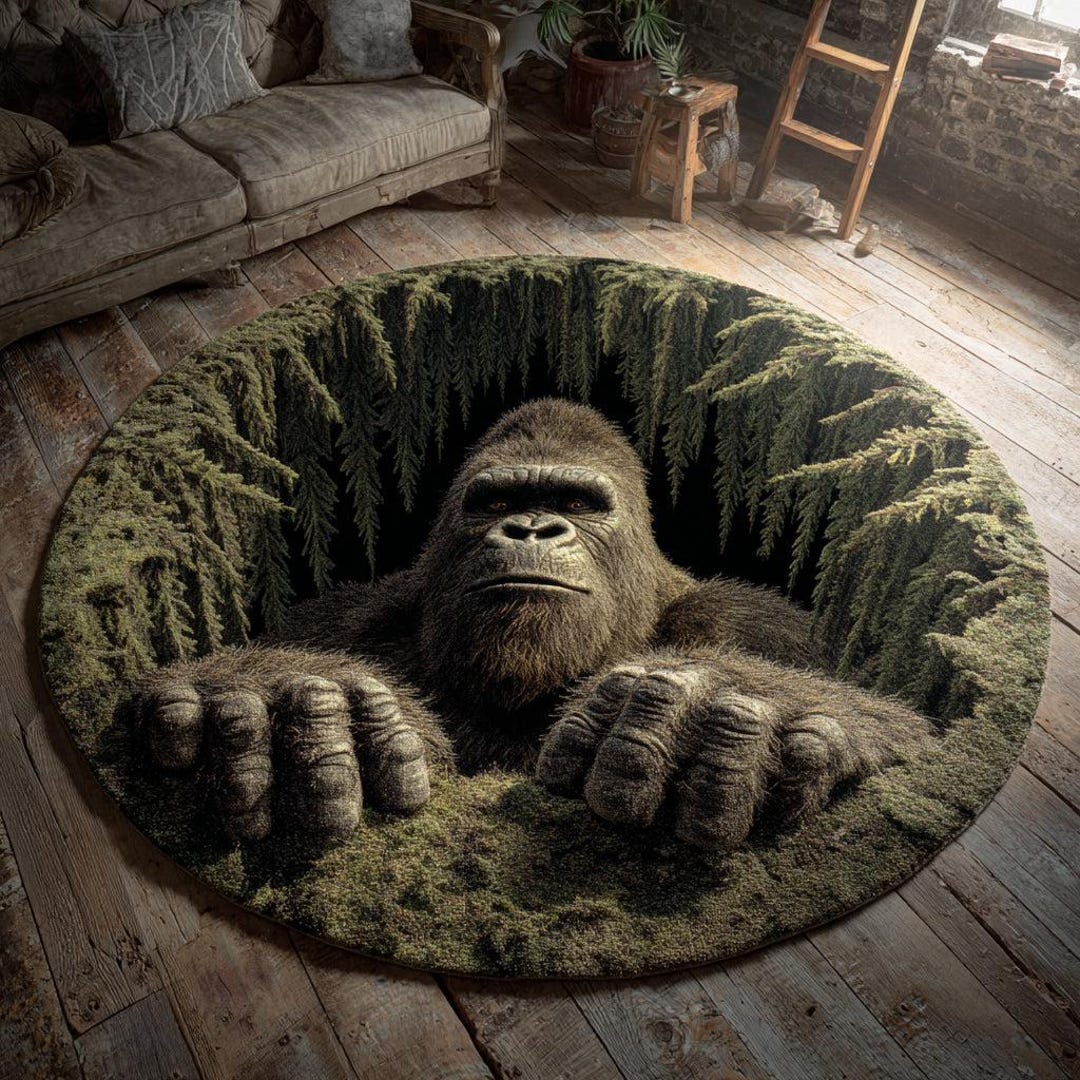 Fake Abyss Rug 3D Gorilla Abyss Round Rug, Bigfoot Illusion Carpet, Jungle Animal ...