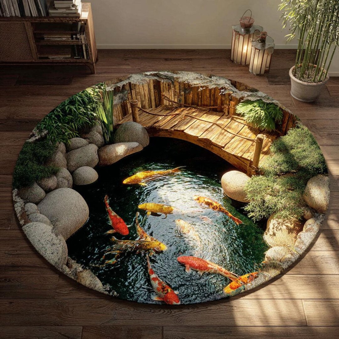 Pond/water Rug 3D Koi Pond Bridge Round Rug, Japanese Zen Garden Carpet, Fish Water ...
