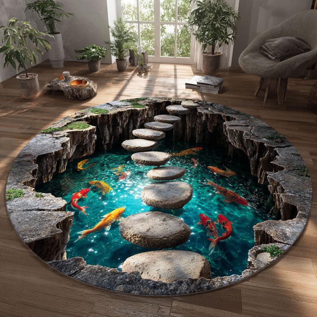 Pond/water Rug 3D Koi Fish Pond Round Rug, Zen Garden Stepping Stone Carpet, Japanese ...