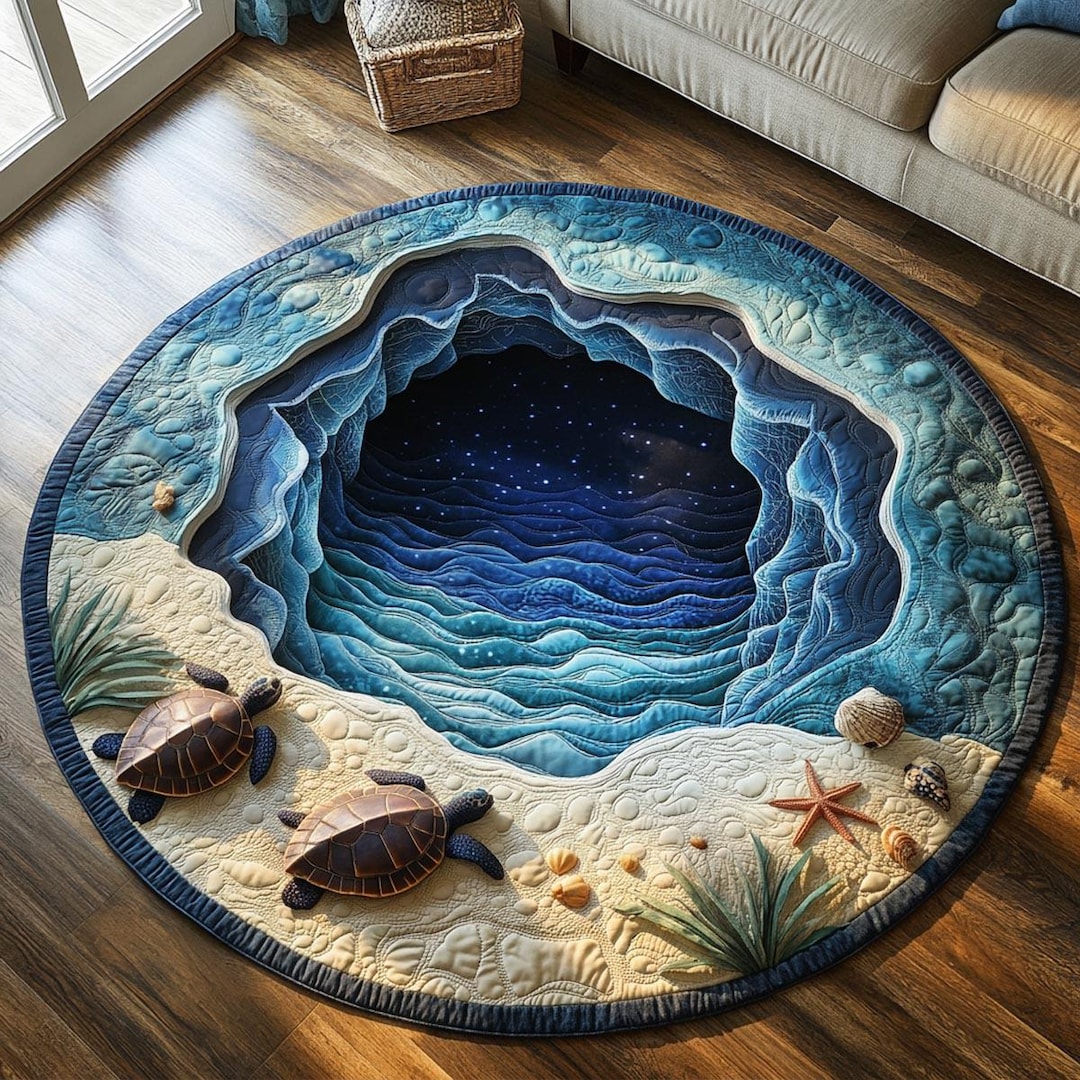 Ocean Reflection Rug 3D Ocean Cave Round Rug, Sea Turtle Beach Hole Illusion Carpet, Coastal ...
