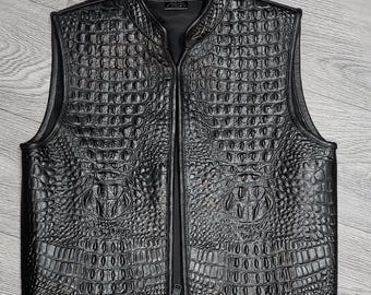 Chaleco de piel auténtica de cocodrilo negro azabache, chaleco estilo motero western hecho a mano a medida, ideal para regalar.