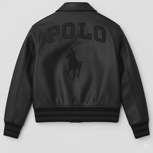 May include: Black leather jacket with the word "POLO" across the upper back. A silhouette of a polo player on a horse is below the word "POLO". The jacket has a ribbed hem and cuffs with black stripes.