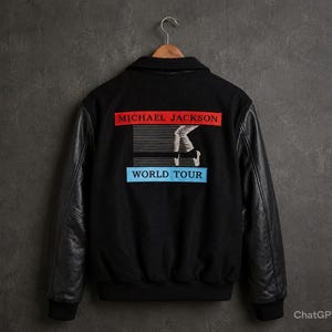 May include: Black jacket with leather sleeves, hanging on a wooden hanger. The back of the jacket features the text "MICHAEL JACKSON WORLD TOUR" in red and blue, with a graphic of a dancer.