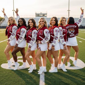 May include: A group of cheerleaders wearing maroon and white letterman jackets and white skirts. The jackets have patches on the sleeves and the words "Southview High" on the back. They are standing on a green field.