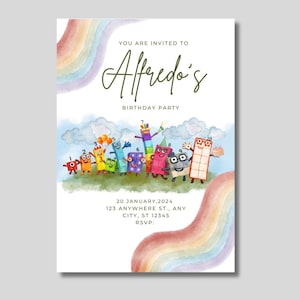 Könnte beinhalten: Eine Geburtstagseinladung mit einem Aquarell-Regenbogen-Design. Die Einladung lautet "Du bist eingeladen zu Alfredos Geburtstagsparty". Bunte Cartoon-Zahlenfiguren sind abgebildet. Das Datum ist der 20. Januar 2024.