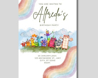 Modèle modifiable d'invitation d'anniversaire de blocs de nombres | Invitation à une fête d'enfants apprenant les nombres | Premier anniversaire à imprimer