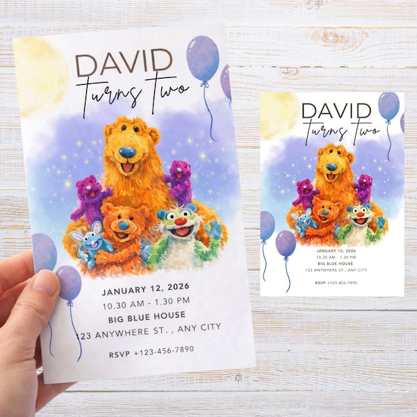 Invitación de cumpleaños editable con diseño de oso / Invitación para fiesta con diseño de oso azul (Descarga digital)