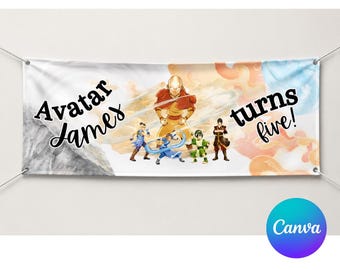 以下が含まれることがあります： 「Avatar James turns five!」の文字が入った白いバナー。漫画のキャラクターとオレンジ、青、白の背景が特徴です。バナーは2本の銀色の紐で支えられており、右下にCanvaのロゴがあります。