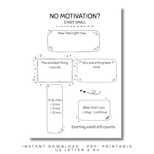 No Motivation? Start Small Printable, Can’t Start Task Help, Tiny Steps Worksheet, Productivity Reset Page, Instant Download