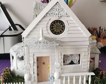 Doll house hand made designer shabby chick fairy house white cottage miniature house with garden