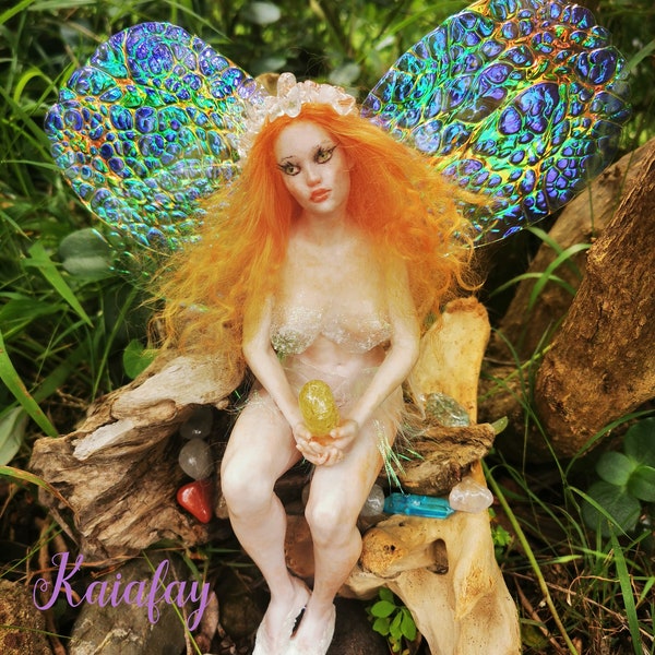 Ooak fairy pixy art doll with fairy chair crystals