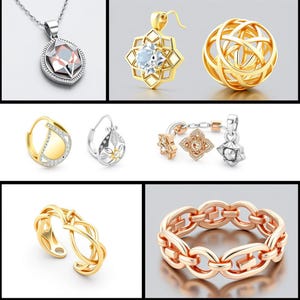 May include: A collection of jewelry pieces, including a silver pendant with a faceted gemstone, gold earrings, and a gold ring with an open design. Other items include a gold earring with a diamond design, and a rose gold chain bracelet.