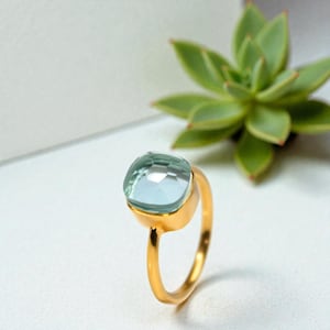 Könnte beinhalten: Ein goldener Ring mit einem großen, quadratischen, hellblauen Edelstein. Der Ring ist vor einem weißen Hintergrund mit einer grünen Sukkulentenpflanze im Hintergrund platziert. Das Band des Rings ist aus poliertem Gold.