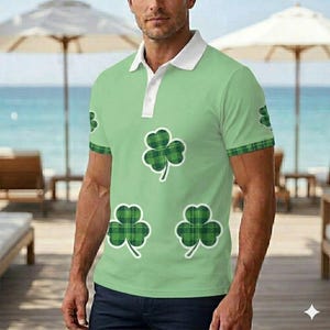 May include: Light green polo shirt with white collar and three green plaid shamrock appliques. The shirt has short sleeves with green plaid trim. The background shows a beach scene with umbrellas and the ocean.