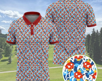 Red Blue Floral Polo Shirt, Men Golf Top, Ditsy Floral Micro Print Outfit, Summer Vacation Resort Wear, Preppy Luau Party Apparel
