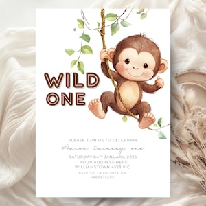 Sjabloon Wild One eerste verjaardagsuitnodiging, aap 1e verjaardagsuitnodiging, Jungle Boho Party, bewerkbare canvadownload