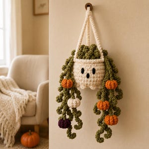Crochet Ghost Hanging Planter Pattern, Halloween Amigurumi PDF, Vines Pumpkins Wall Decor (Digital Download)