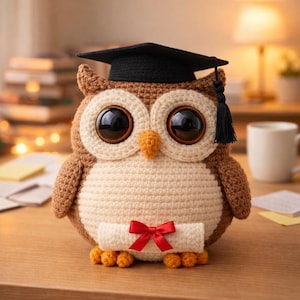 Virkmönster för examensugla i PDF-format, handledning för amigurumi-plysch (digital nedladdning)