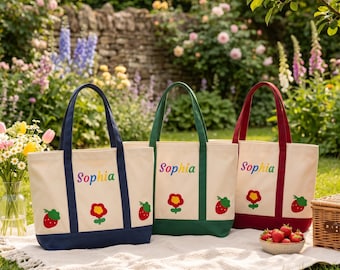 Custom Canvas Tote Bag Personalized Monogram Name Initial Beach Grocery Shopping Embroidered Cotton Gift for Her Mom Sister Birthday