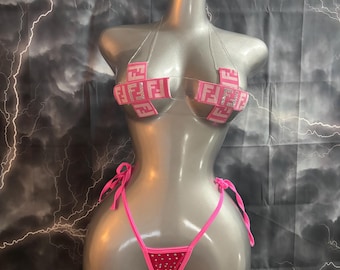 Exotic Dancewear Hot Pink Rhinestone Side Tie 2 Piece Set