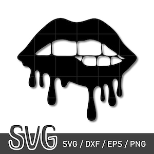 May include: Black and white graphic of a mouth with dripping liquid. The mouth is biting the lower lip, and the teeth are white. The image includes the text "SVG" and "SVG / DXF / EPS / PNG".