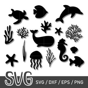 May include: Black silhouette cutouts of sea creatures and plants, including a turtle, fish, dolphin, whale, seahorse, jellyfish, starfish, and coral. The image also includes the text "SVG / DXF / EPS / PNG".