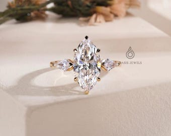 Anello a tre pietre con diamanti creati in laboratorio, anello di fidanzamento con diamante taglio marquise da 1 a 3 carati, diamante laterale taglio aquilone, regalo di anniversario, anello da donna