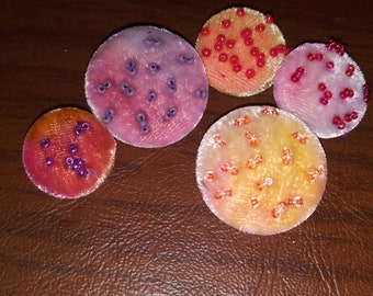 Five silk velvet hand dyed beaded buttons for creating