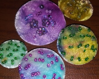 Five silk velvet buttons hand dyed beaded and for creating