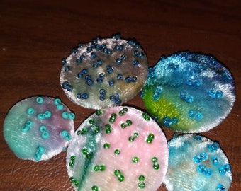 Five silk velvet hand dyed beaded buttons for creating