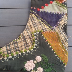 Christmas stocking #6  from antique crazy quilt with beautiful stitching