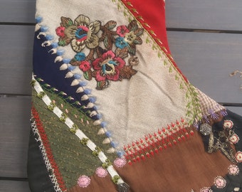 Christmas stocking #4  from antique crazy quilt with beautiful stitching