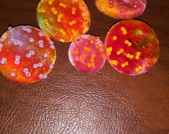 Five hand dyed hand beaded silk velvet buttons for creating