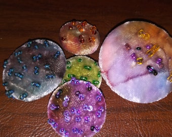 Five silk velvet hand dyed beaded buttons for creating